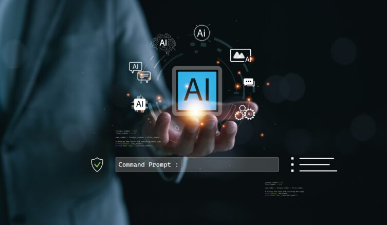 Businessman,Holding,Glowing,Ai,Icon,With,Command,Prompt,,Representing,Artificial