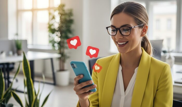 Confident businesswoman in glasses and yellow jacket joyfully checks positive social media reactions on her smartphone in a sunlit office Confident businesswoman in glasses and yellow jacket joyfully checks positive social media reactions on her smartphone in a sunlit office